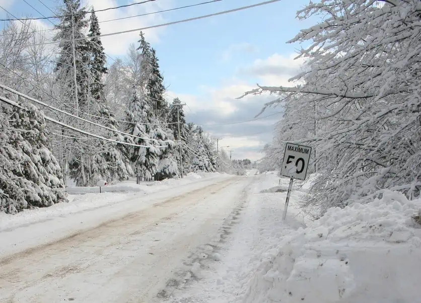 Road sign in snow on a country road