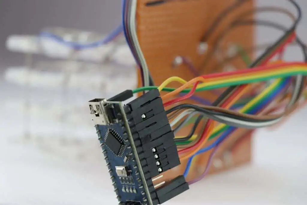 Microcontroller board connects to an electronic project